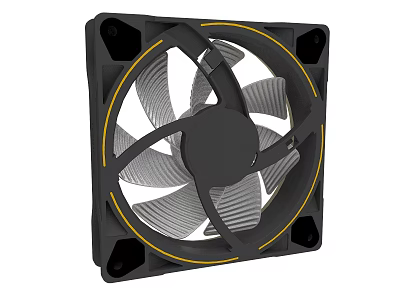 Modern Computer Cooling Fan With Black Frame Yellow Trim And Gray Blades 3d model