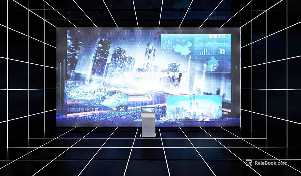Interactive Digital Screen With Urban Cityscape And Data Charts In Tech Space 3d model 