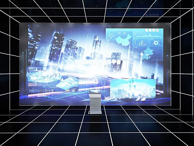 Interactive Digital Screen With Urban Cityscape And Data Charts In Tech Space 3d model