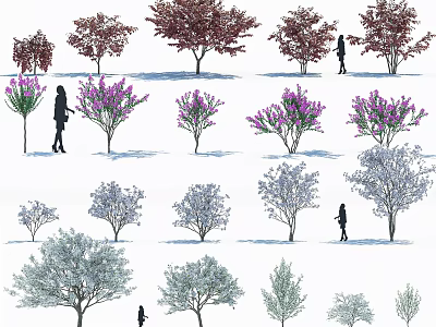 Different Varieties of Colorful Arbor Trees in Landscape Design with Silhouette Figures 3d model