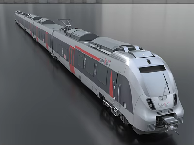 Modern Streamlined Electric Train With Silver Body And Red Stripes Design 3d model