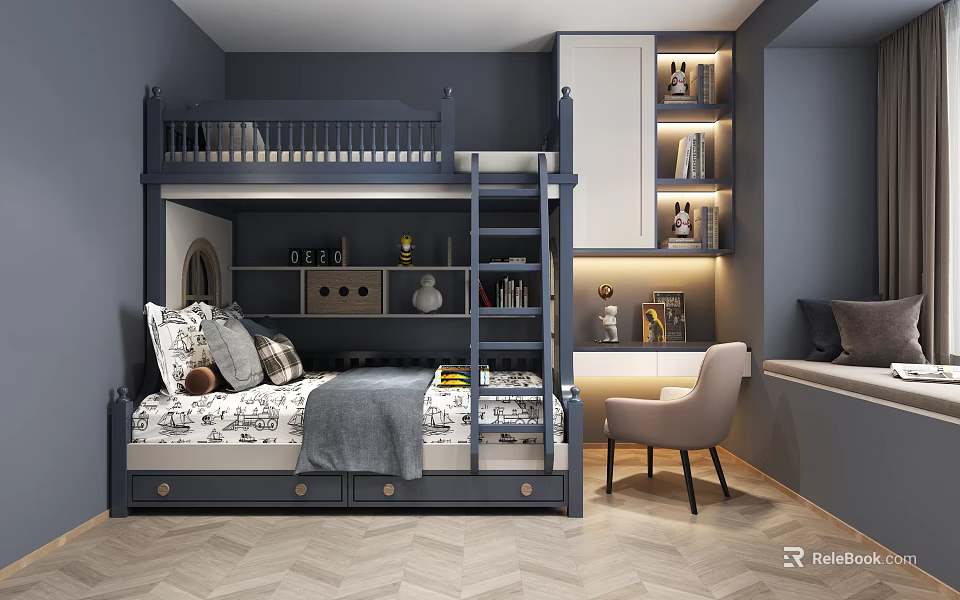 Navy Blue Kids Room Interior With Bunk Bed Storage Drawers Bookshelf And Herringbone Wooden Floor 3d model 