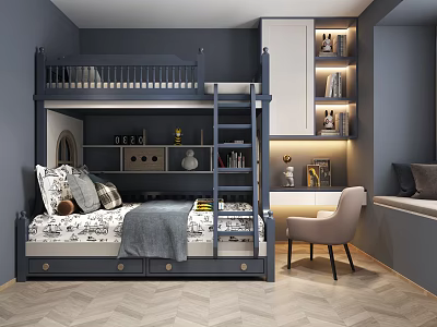Navy Blue Kids Room Interior With Bunk Bed Storage Drawers Bookshelf And Herringbone Wooden Floor 3d model