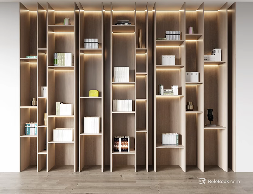Modern Wooden Built in Bookshelf With Multiple Shelves Books And Decorative Items 3d model 