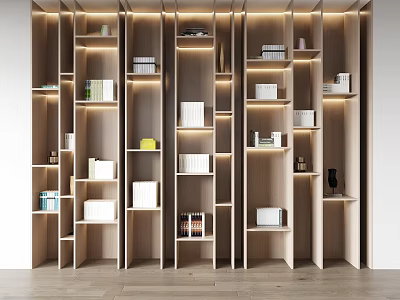 Modern Wooden Built in Bookshelf With Multiple Shelves Books And Decorative Items 3d model
