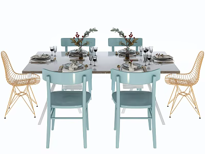 Modern Dining Table Set With Blue And Gold Chairs And Tableware Decorations 3d model