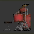 Red Drum Set With Snare Tom Tom Bass Drums And Yellow Cymbals On Stands