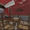Traditional Chinese Dining Room With Red Draped Ceiling Red Lanterns Brick Walls And Wooden Furniture