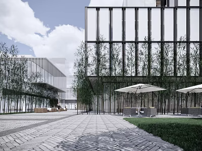 Modern Building With Glass Facade Trees Outdoor Seating And Stone Paved Courtyard 3d model