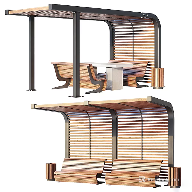 Outdoor Modern Pergola Structure With Wooden Slats Metal Frames And Attached Benches 3d model 