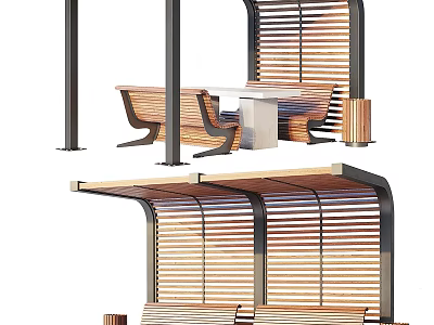 Outdoor Modern Pergola Structure With Wooden Slats Metal Frames And Attached Benches 3d model