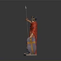Man as Roman Soldier in Red Cloak Holding Spear and Shield Standing on Base