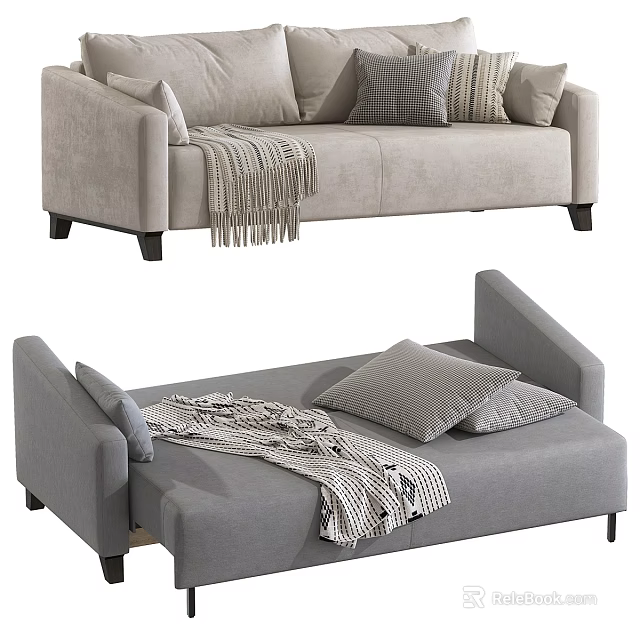 Beige Sofa With Plaid Pillows Striped Blanket And Gray Convertible Sofa With Cushions 3d model 
