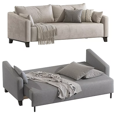 Beige Sofa With Plaid Pillows Striped Blanket And Gray Convertible Sofa With Cushions 3d model