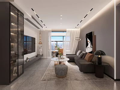 Modern Living Dining Room Interior With Sofa Coffee Table And Floor to Ceiling Windows 3d model