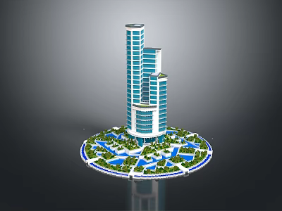 Modern High Rise Tower With Glass Facade Circular Base Surrounded By Water Pools And Greenery 3d model