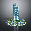 Modern High Rise Tower With Glass Facade Circular Base Surrounded By Water Pools And Greenery