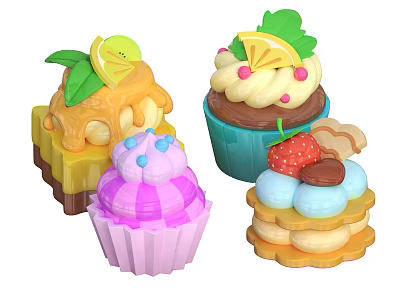 Colorful Delicious Pastries Including Cupcakes Layered Desserts With Lemon Strawberry And Nuts 3d model