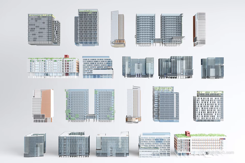 Various Modern Office Buildings Featuring Diverse Architectural Facades And Exterior Designs 3d model 