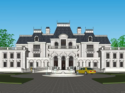 Elegant Detached Villa With Classical Architecture White Walls Black Roof And Fountain 3d model
