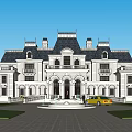 Elegant Detached Villa With Classical Architecture White Walls Black Roof And Fountain