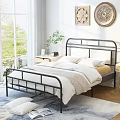 Modern Double Bed With Black Metal Frame White Bedding Bedside Lamp And Decorative Wall Art