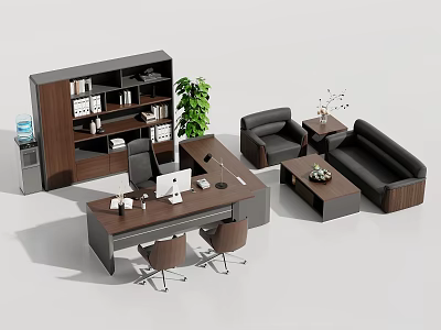 Modern Office Desk With Office Chairs Bookshelf Green Plant Sofa And Computer 3d model