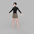 Woman in Black Turtleneck and Brown Skirt Standing with Arms Outstretched in White High Heels
