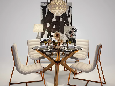 Modern Dining Table Set With White Chairs Round Table And Abstract Painting Chandelier 3d model