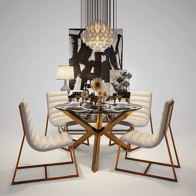 Modern Dining Table Set With White Chairs Round Table And Abstract Painting Chandelier 3d model