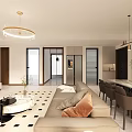 Modern Living and Dining Room Interior With Beige Sofa Dining Table Chandelier And Large Windows