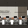 Modern Public Office Space with Nature Peace Sign Wooden Wall Ergonomic Chairs and Workstations