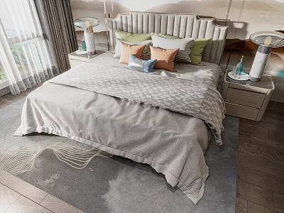 Modern Double Bed With Colorful Pillows Gray Blanket Bedside Tables And Wooden Floor 3d model