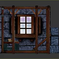 Cartoon Scene With Wooden Frame Blue Stone Blocks Window And Wooden Floor