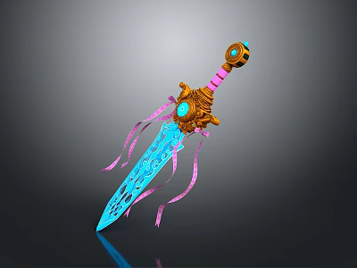 Ornate Decorative Sword With Blue Blade Intricate Carvings Pink Hilt Golden Accents And Blue Gemstones 3d model