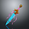 Ornate Decorative Sword With Blue Blade Intricate Carvings Pink Hilt Golden Accents And Blue Gemstones