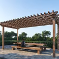 Wooden Pergola With Seating Benches In Outdoor Paved Patio Surrounded By Greenery