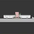 Bus Stop Structure With Red Building White Buses Palm Trees And Green Grass