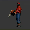 Bearded Man Wearing Red Cap Red Shirt Blue Pants Holding Orange Chainsaw