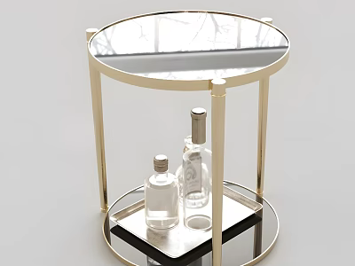Modern Round Coffee Table With Golden Legs Glass Top Lower Black Tray And Transparent Bottles 3d model