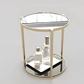 Modern Round Coffee Table With Golden Legs Glass Top Lower Black Tray And Transparent Bottles