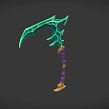 Green Crystal Bladed Weapon With Purple Wrapped Handle And Golden Base