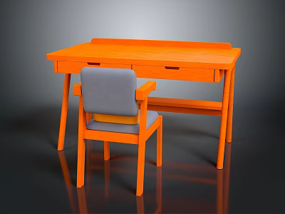 Kids Wooden Orange Study Desk With Comfortable Gray Chair For Learning 3d model