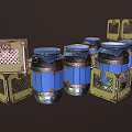 Vintage Wooden Boxes and Metal Jars in Yellow and Blue Colors Stacked Together