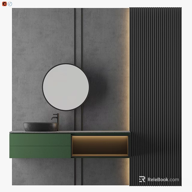 Sleek Modern Bathroom Vanity With Circular Mirror Green Cabinet Gray Wall And Gold Accents 3d model 