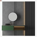 Sleek Modern Bathroom Vanity With Circular Mirror Green Cabinet Gray Wall And Gold Accents