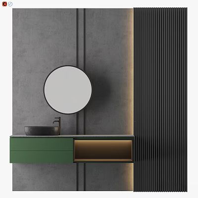 Sleek Modern Bathroom Vanity With Circular Mirror Green Cabinet Gray Wall And Gold Accents 3d model