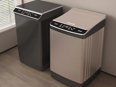 Black And Beige Top Load Washing Machines With Control Panel In Wooden Floor Room 3d model