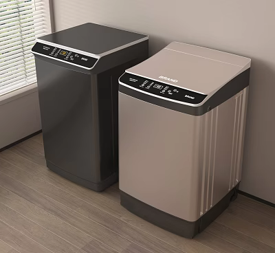 Black And Beige Top Load Washing Machines With Control Panel In Wooden Floor Room 3d model