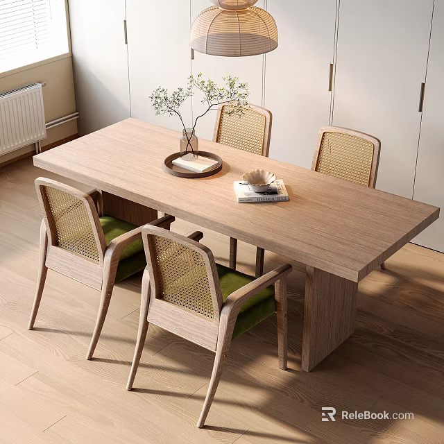Light Wood Dining Table Set with Wicker Back Chairs Green Cushions Vase Tray and Book 3d model 